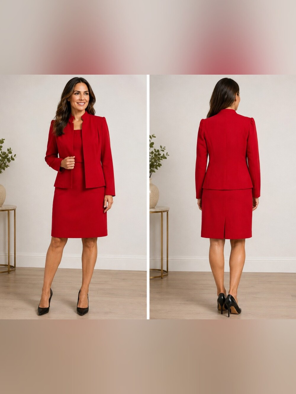 Haberdasher Women's 2pc Red Lined Skirt Suit Padded Shoulders Pockets   Size 7/8